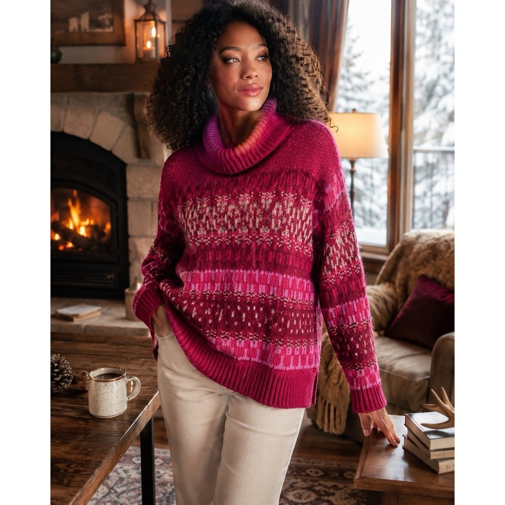 Universal Thread Fair Isle Sweater L Fuzzy Cowl‎ Neck Berry Pink Cozy Cabin